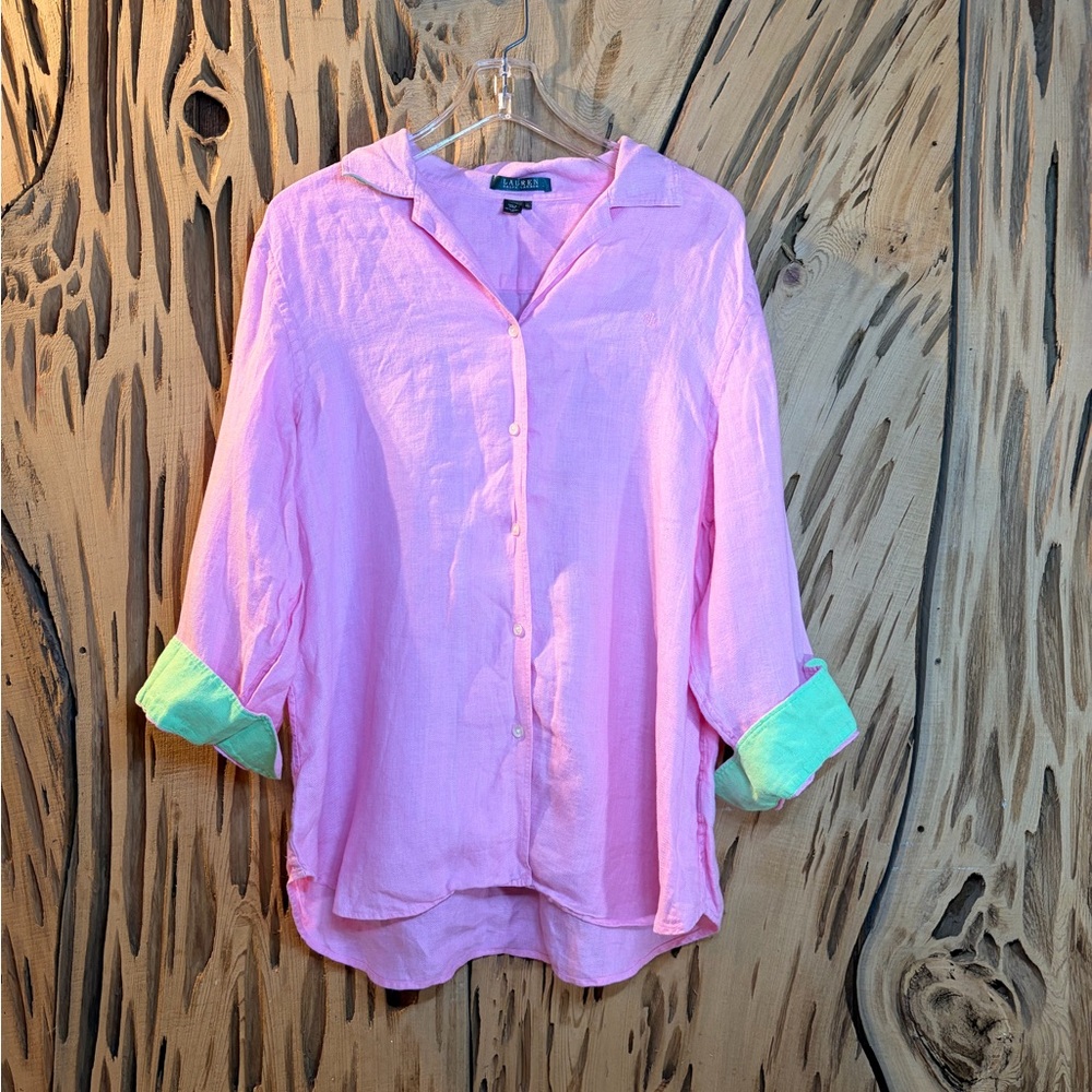Ralph Lauren Pink Button-Down Linen Shirt with Green Cuffed Sleeves